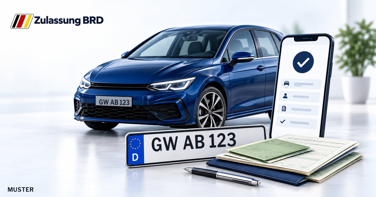 Online Fahrzeugzulassung in Pasewalk: Musterkennzeichen GW AB 123, Auto und Fahrzeugpapiere und Smartphone. Illustration mit Logo von Zulassung BRD.